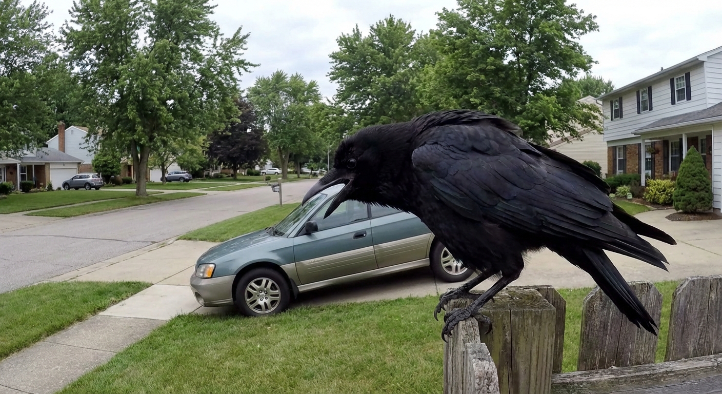 Crow cawing at a car parked in front of a driveway