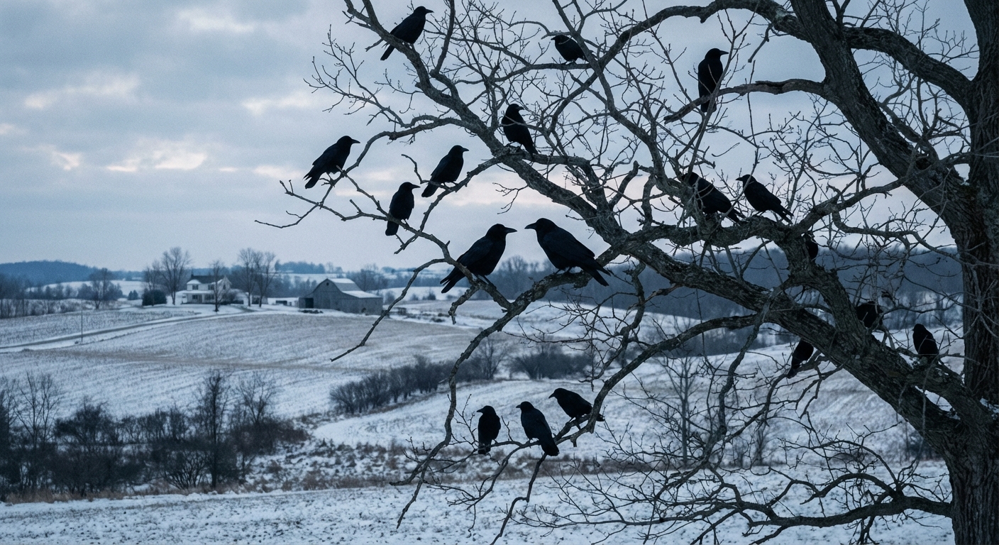 Crows gathered in a tree in rural Ohio landscape, winter light
