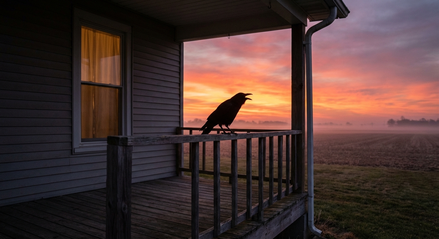 Crow cawing from a porch railing at dawn
