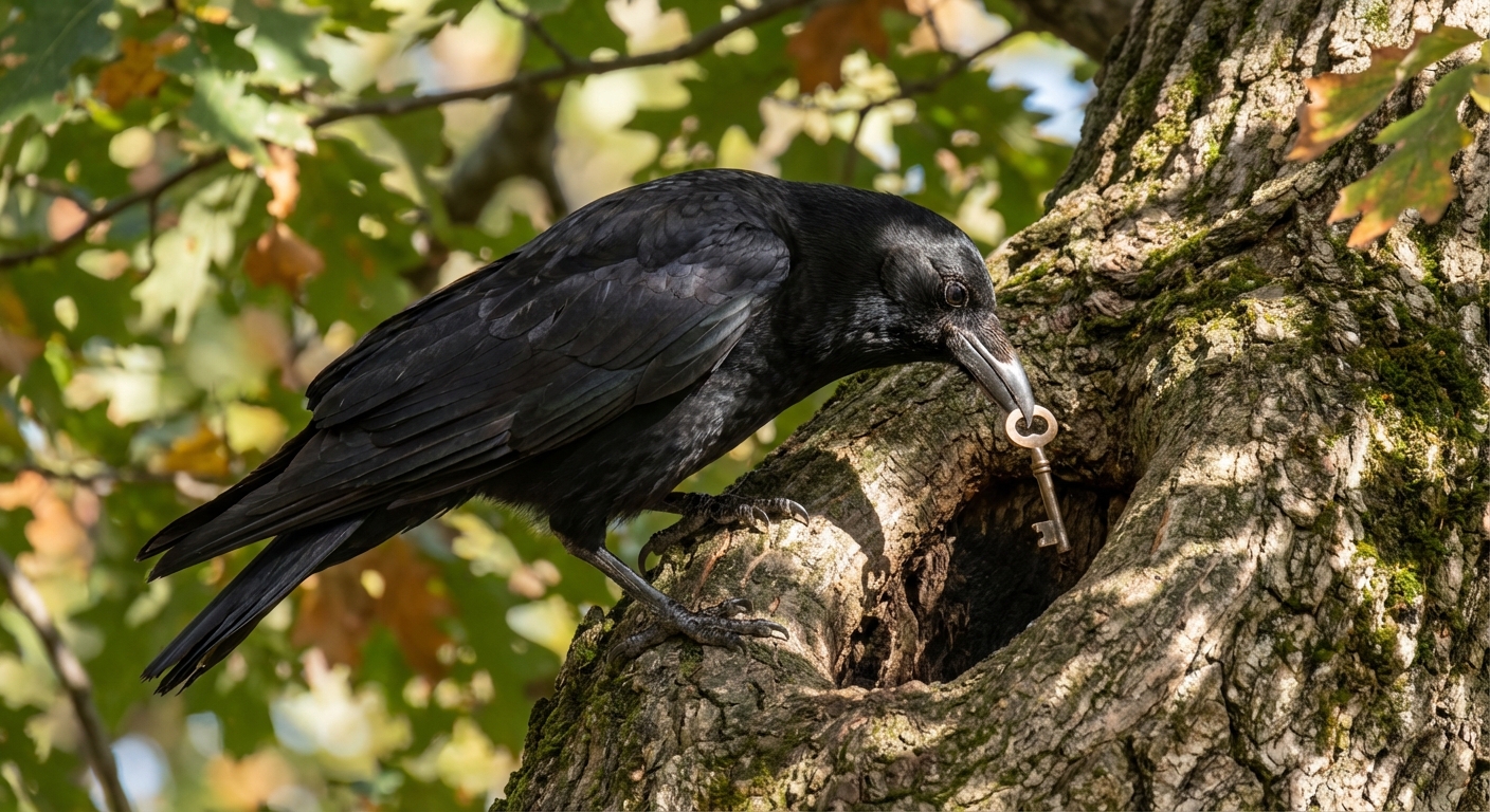Crow hiding a small key in a hollow tree trunk