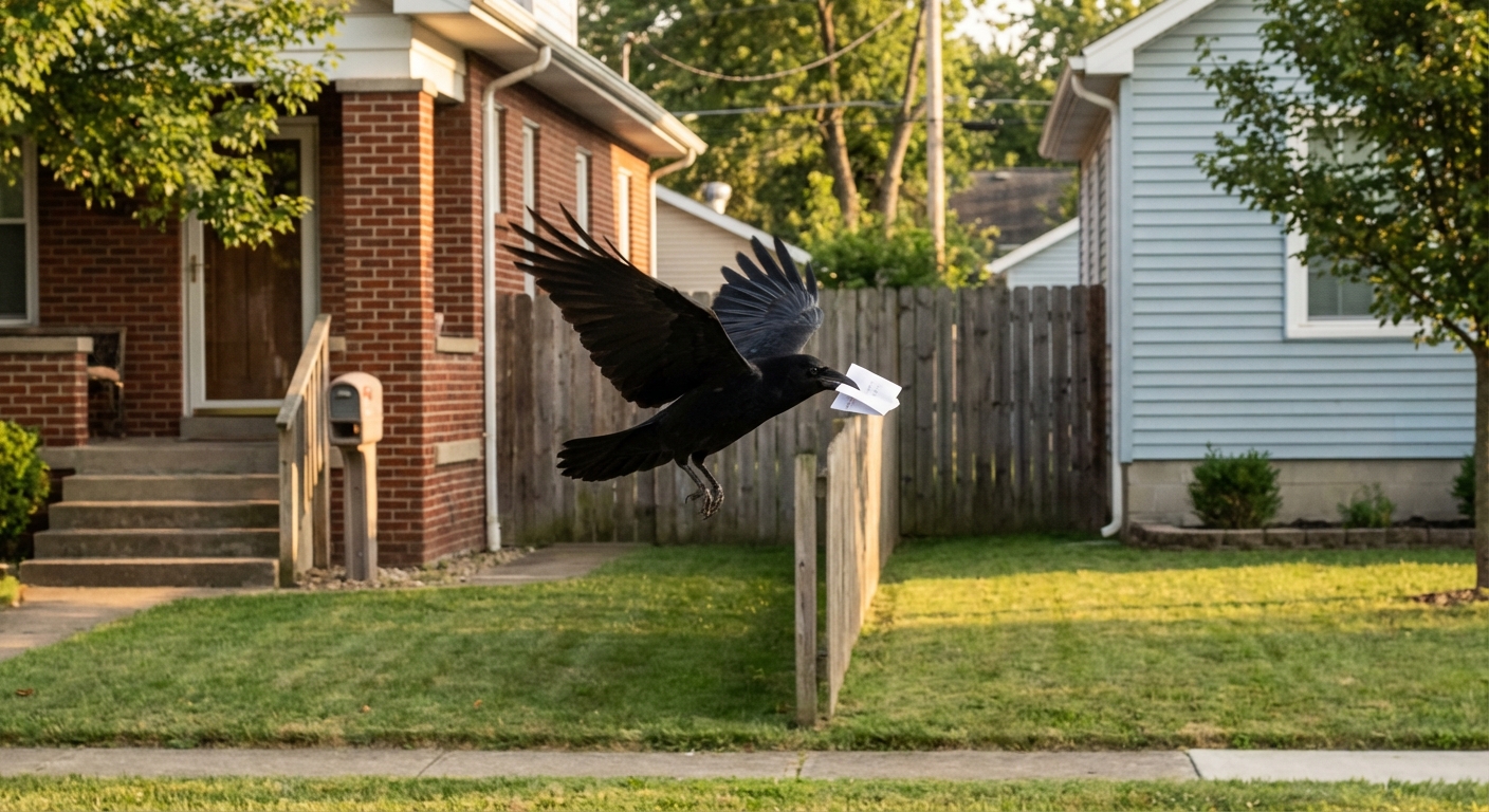 Crow carrying a small folded note in its beak, flying over a backyard fence