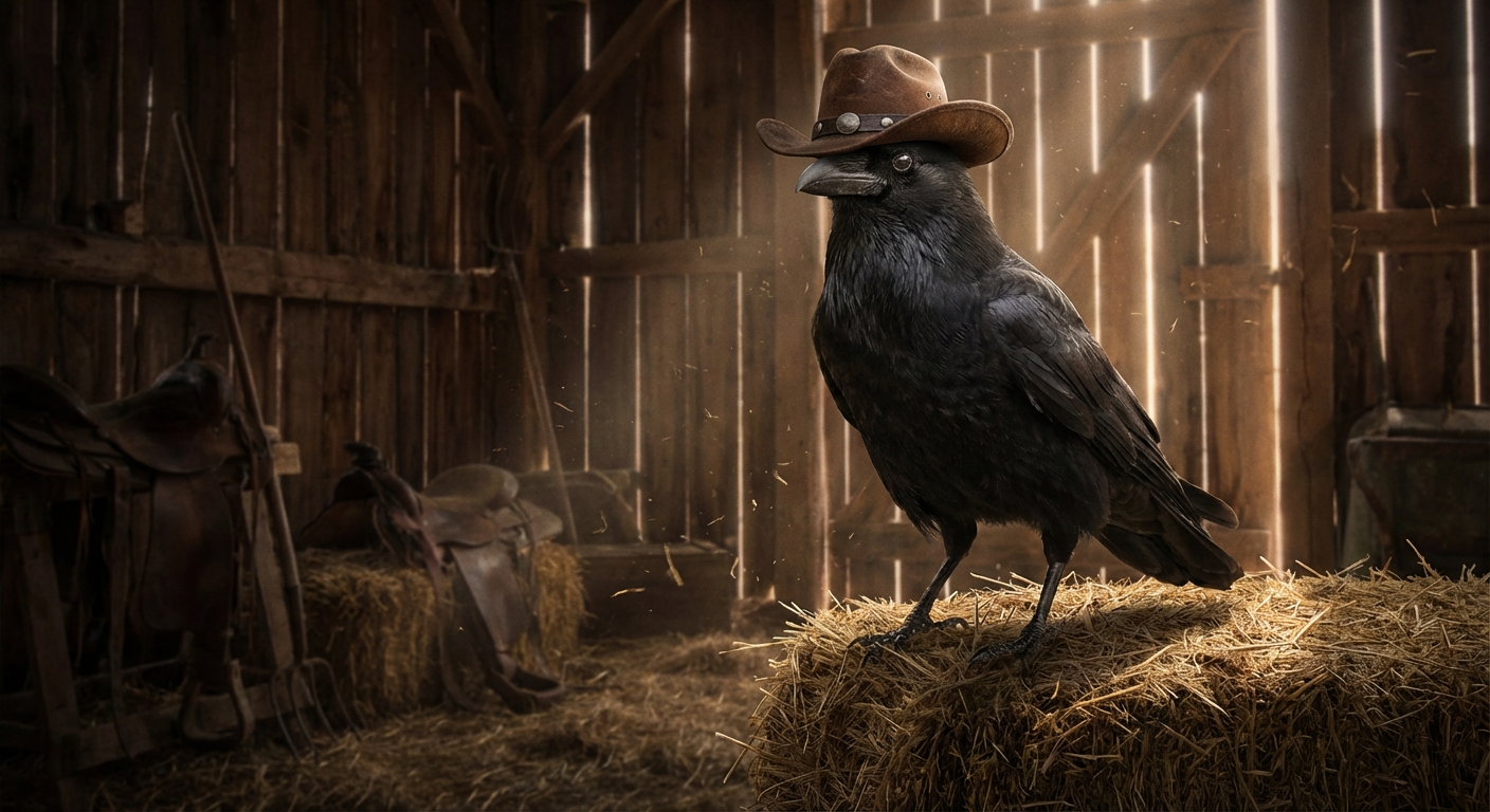 A crow wearing a black cowboy hat standing on a hay bale in a barn
