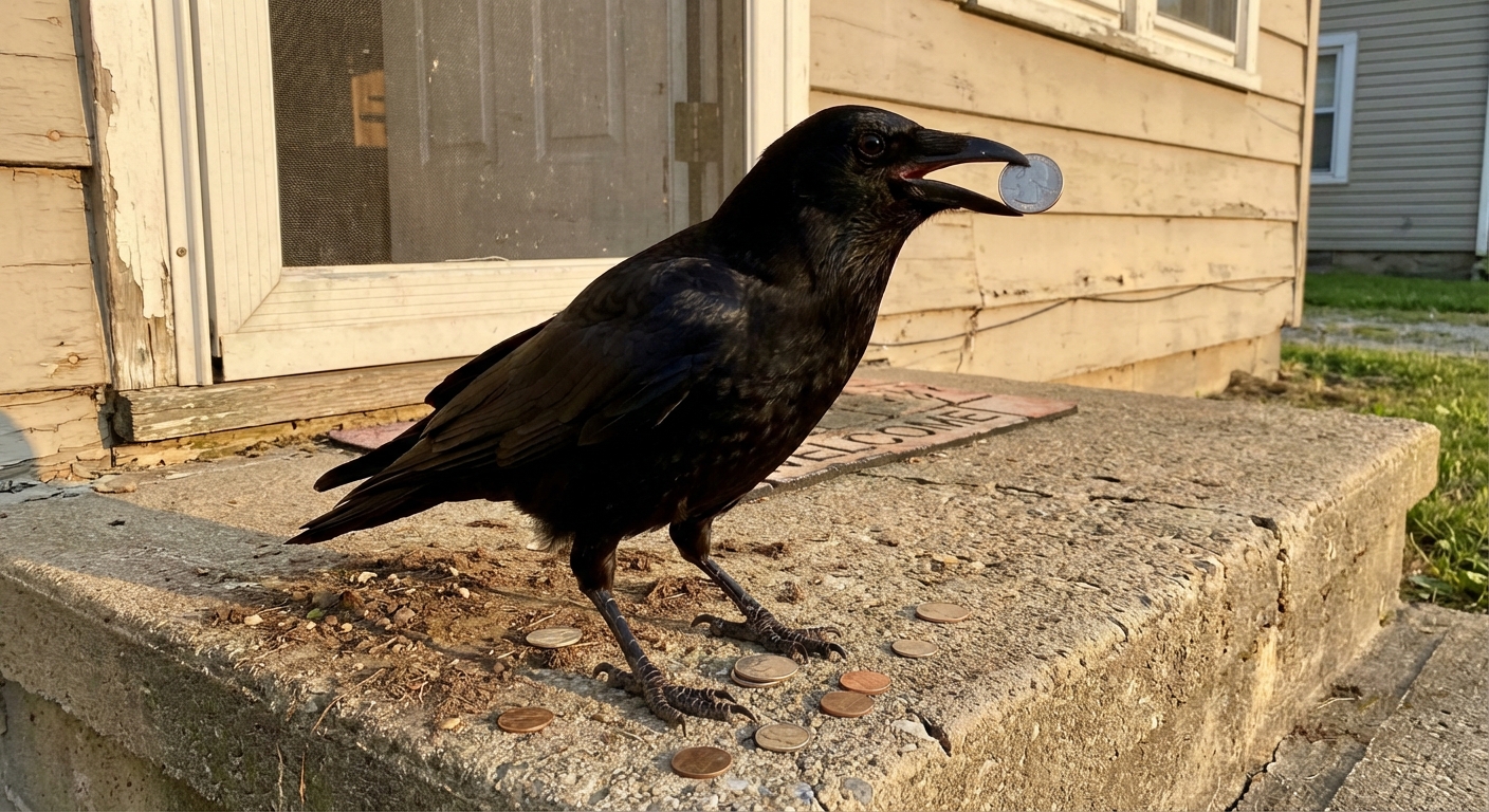 Crow carrying a shiny coin in its beak