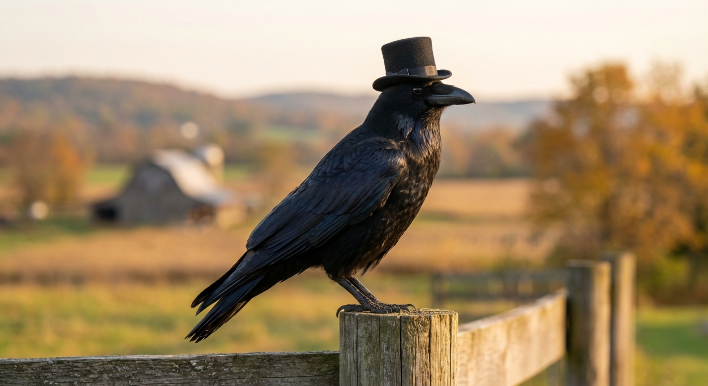 Fashionable crow wearing a tiny top hat