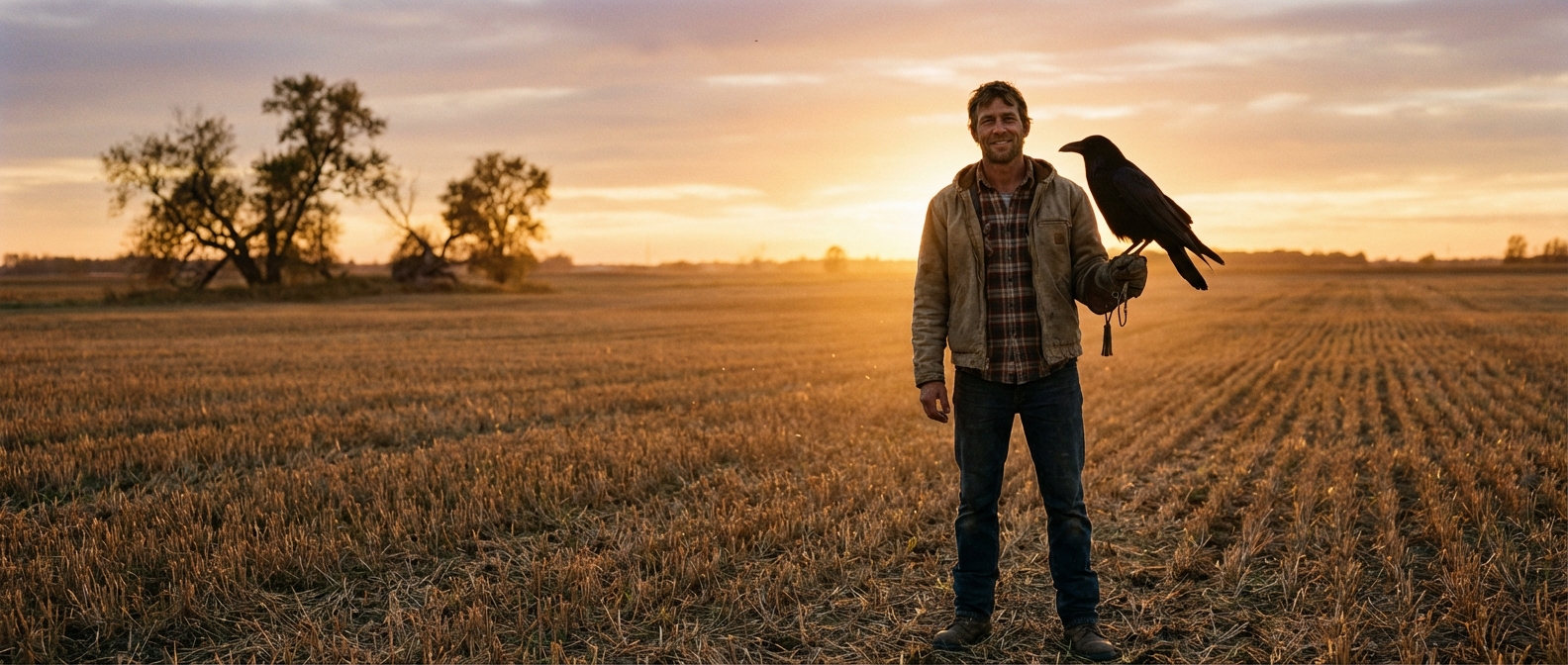 Darryl standing in a field with a crow perched on his arm